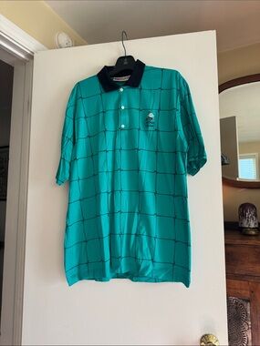 Slazenger Men's Teal Grid Polo Shirt with Black Collar XL EUC
